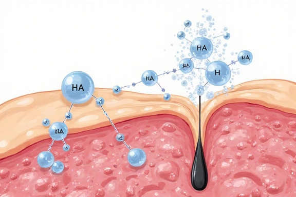 Scientific illustration of hyaluronic acid molecules hydrating skin cells