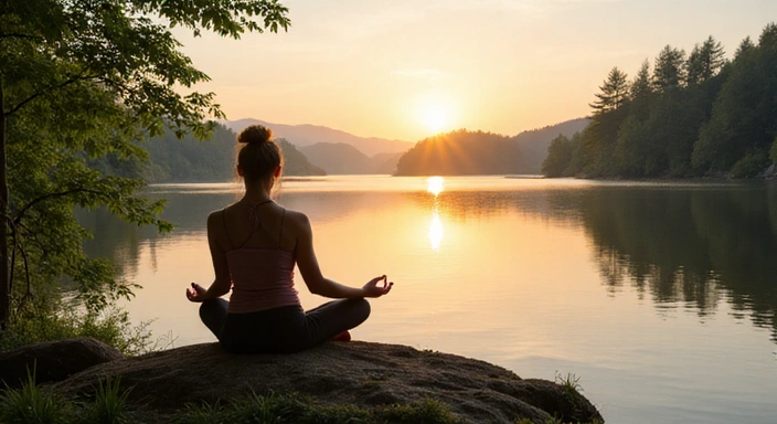 A serene landscape with a woman meditating, symbolizing harmony with nature